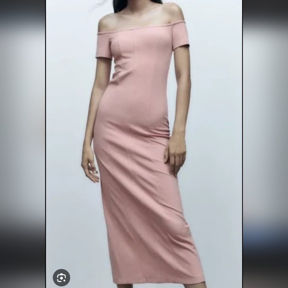 NWT Zara Pink Off-Shoulder Blush Pink Bodycon Dress